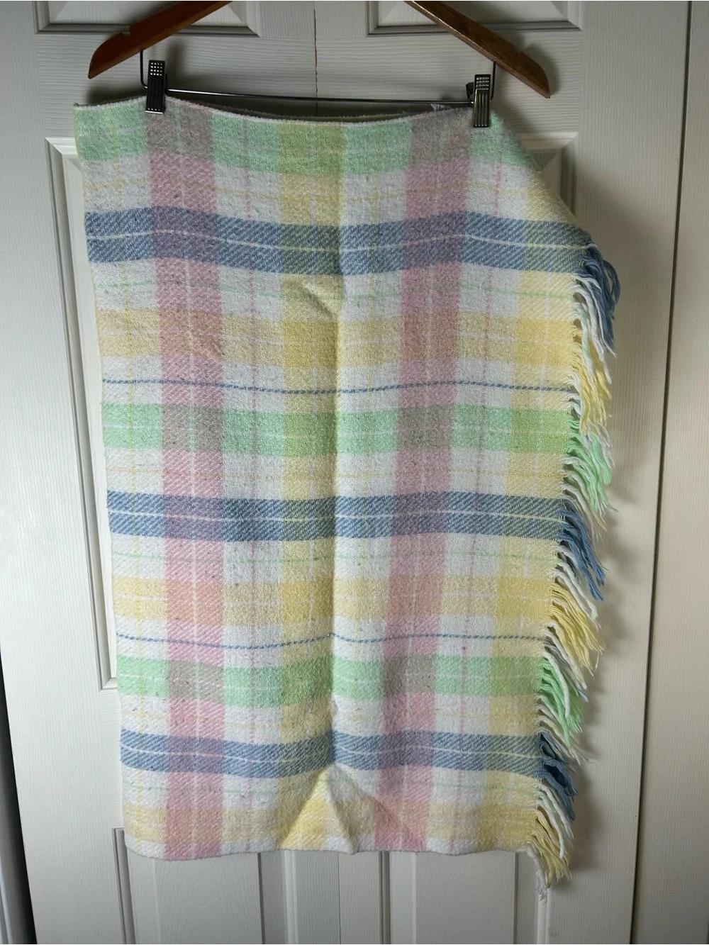 WPL 1675 Plaid Baby Blanket Fringe Edge Trim Pastel Pink Blue Yellow Acrylic USA